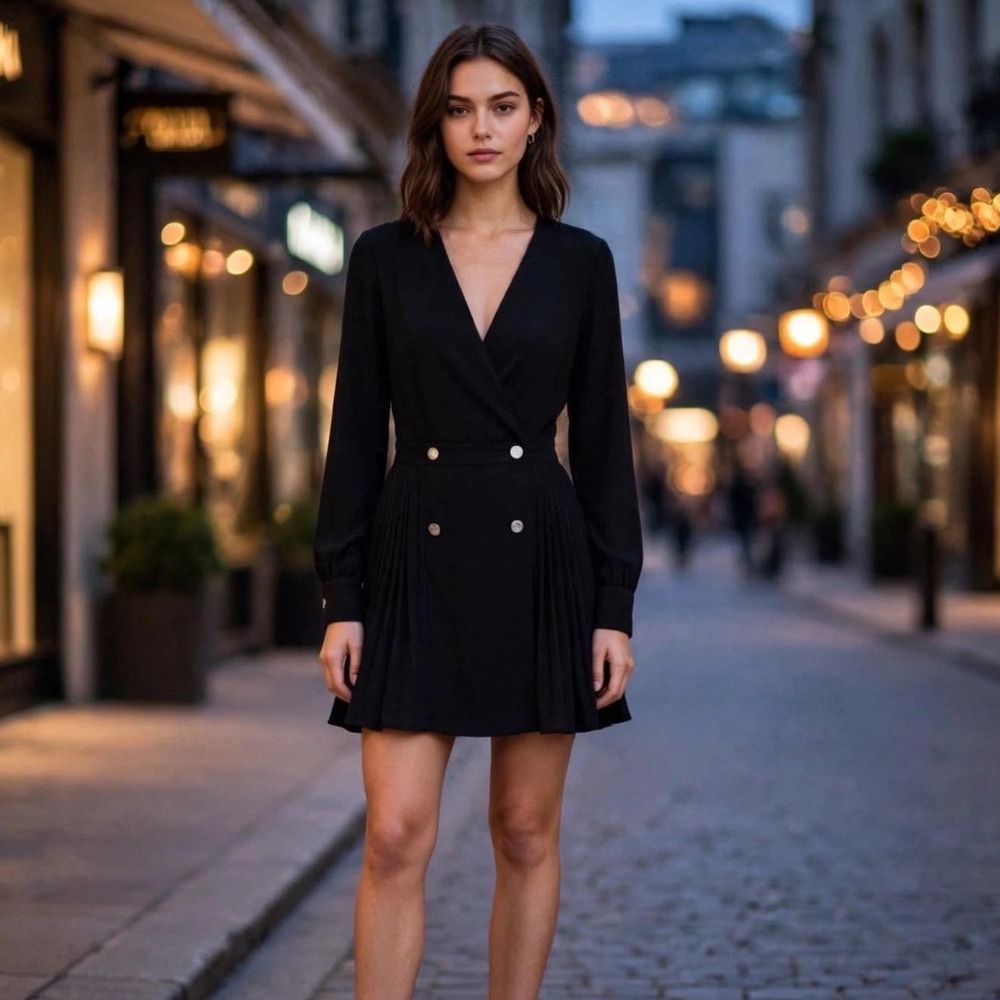 Missguided Black Double Breasted Pleated Mini Dress Long Sleeve V-Neck US 4